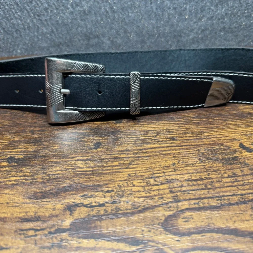 Western Ranger Belt Black Faux Leather Silver Engraved Buckle Tip Cowboy Boho